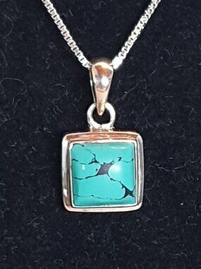 Dainty Vintage Natural Turquoise Sterling Silver Minimalist Square Pendant